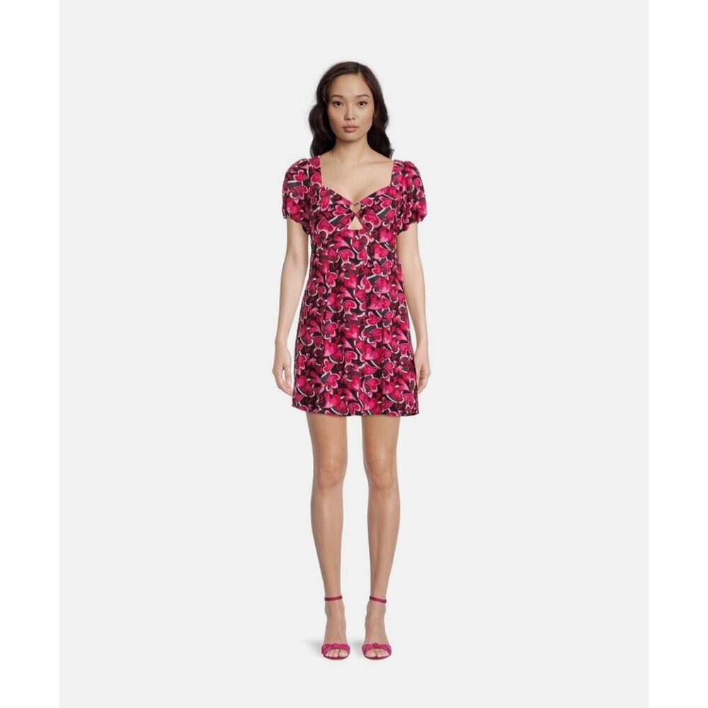 Madden NYC Black Red Pink Heart Print Balloon Sleeve Cutout Dress Sz Medium NEW